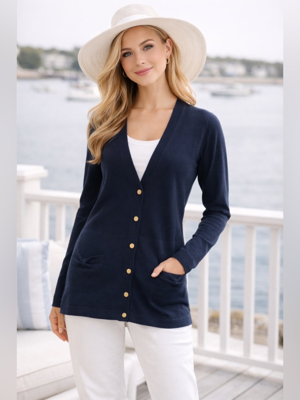 Lilly Pulitzer Navy Silk Blend Cardigan Bow Pocket Button Front Size L Quiet Lux